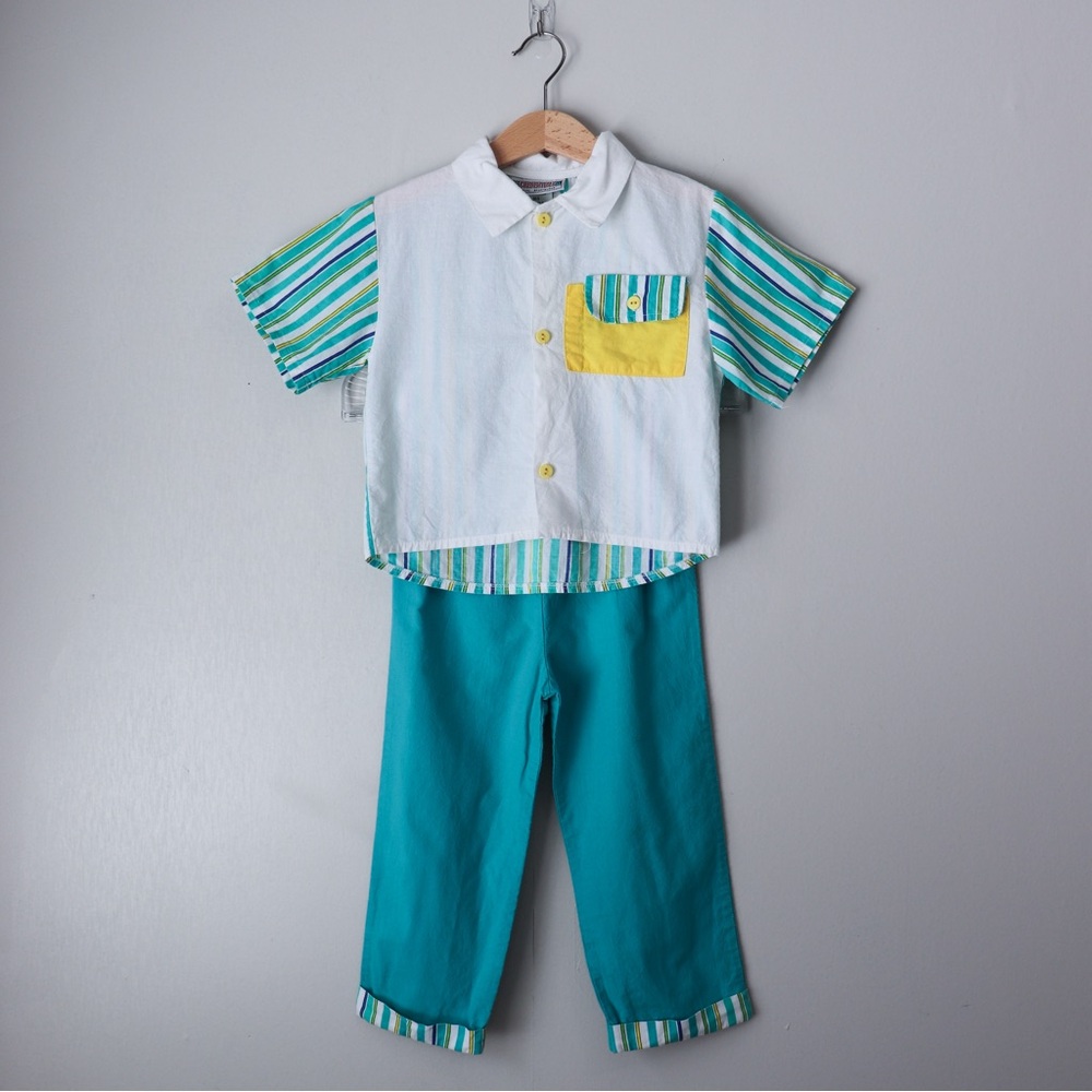 Vintage 2 Piece Set Short Sleeve Striped Button Down Shirt & Pants Outfit